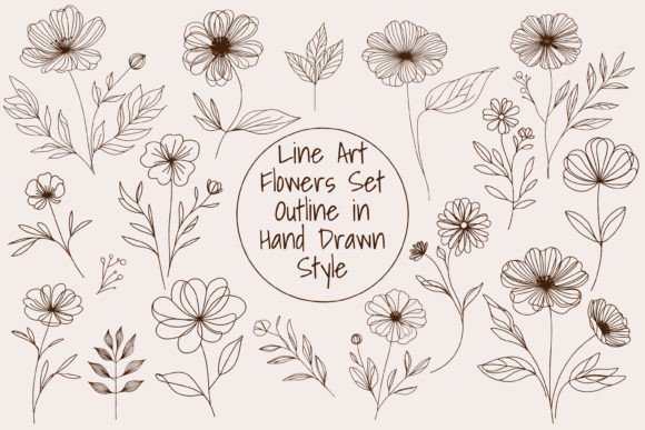 Download Hand Draw Line Art Flowers Set Outline - Line art flowers Collection