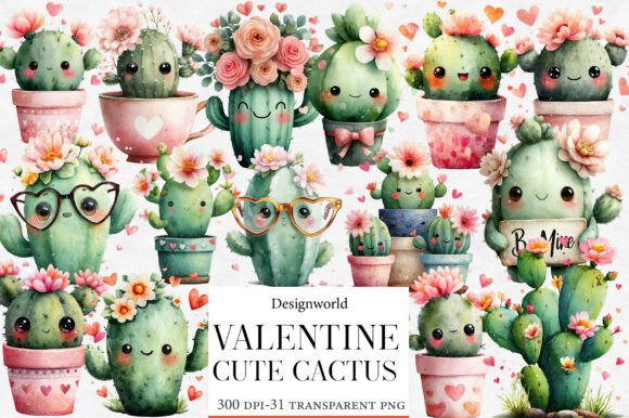Download Cute Cactus Valentine Clipart Bundle - Cactus valentine Collection