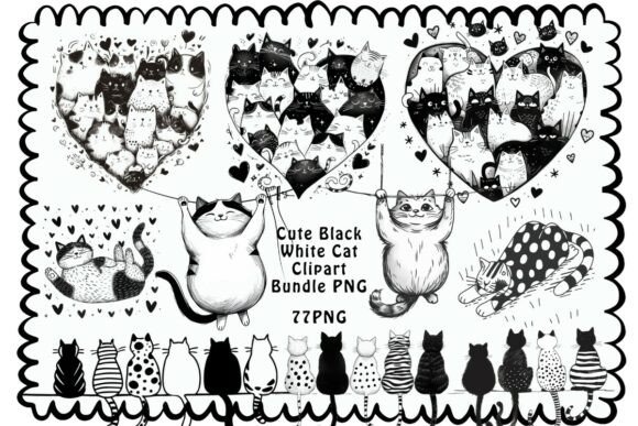 Download Cute Black White Cat Clipart Bundle PNG - Bundle Collection